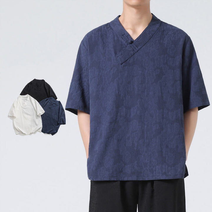 Camisa de lino y algodón de media manga para hombre, con cuello alto y botones de rana, estilo étnico desgastado con Buddha Stones , ropa de Tai Chi