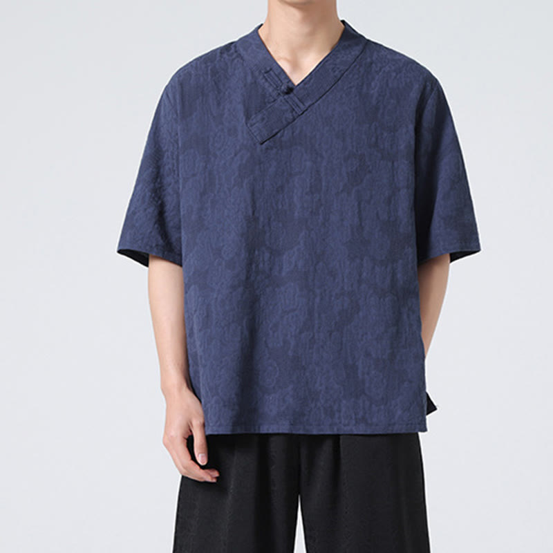 Camisa de lino y algodón de media manga para hombre, con cuello alto y botones de rana, estilo étnico desgastado con Buddha Stones , ropa de Tai Chi