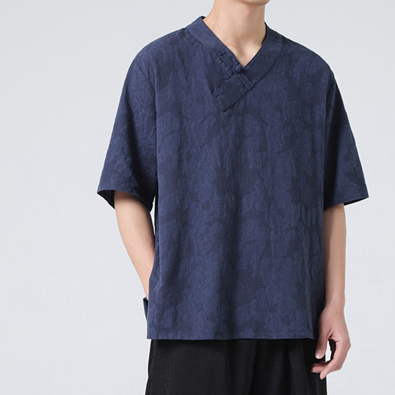 Camisa de lino y algodón de media manga para hombre, con cuello alto y botones de rana, estilo étnico desgastado con Buddha Stones , ropa de Tai Chi