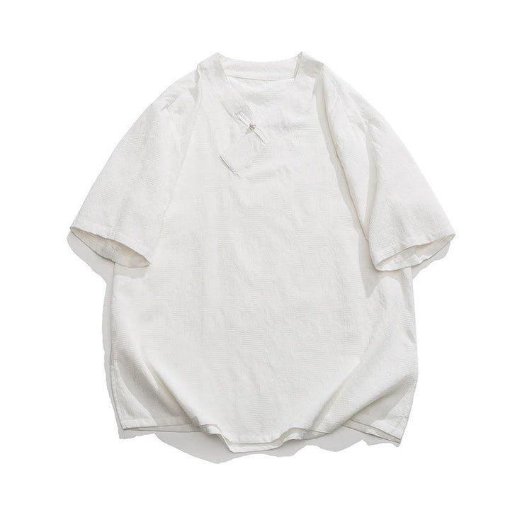 Camisa de lino y algodón de media manga para hombre, con cuello alto y botones de rana, estilo étnico desgastado con Buddha Stones , ropa de Tai Chi - Blanco - US/UK/AU46, EU56 (5XL) - image 21