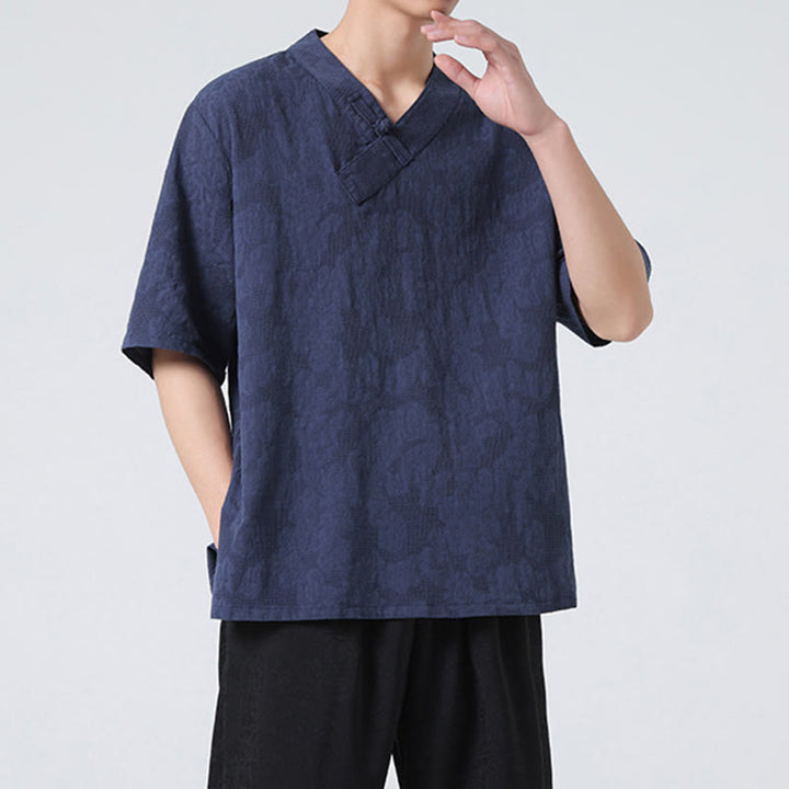 Camisa de lino y algodón de media manga para hombre, con cuello alto y botones de rana, estilo étnico desgastado con Buddha Stones , ropa de Tai Chi