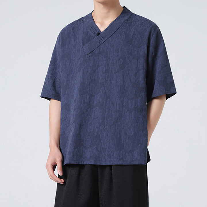 Camisa de lino y algodón de media manga para hombre, con cuello alto y botones de rana, estilo étnico desgastado con Buddha Stones , ropa de Tai Chi