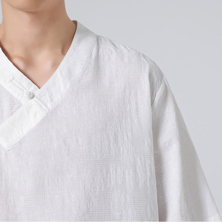 Camisa de lino y algodón de media manga para hombre, con cuello alto y botones de rana, estilo étnico desgastado con Buddha Stones , ropa de Tai Chi
