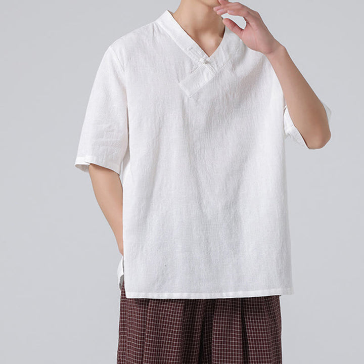 Camisa de lino y algodón de media manga para hombre, con cuello alto y botones de rana, estilo étnico desgastado con Buddha Stones , ropa de Tai Chi