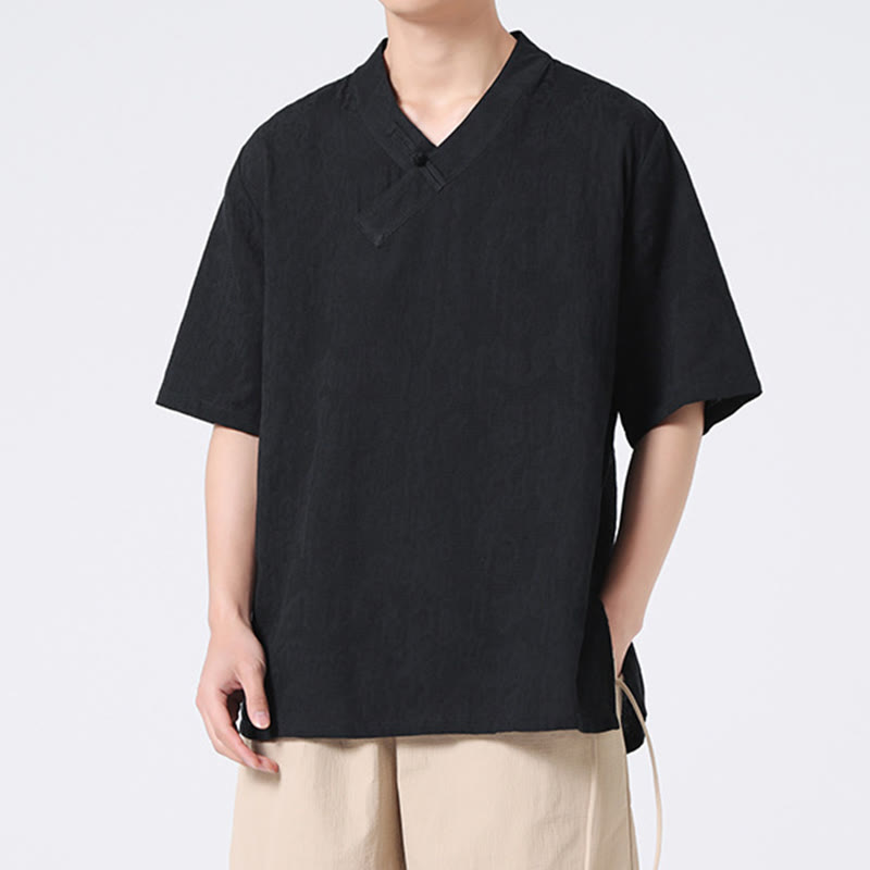 Camisa de lino y algodón de media manga para hombre, con cuello alto y botones de rana, estilo étnico desgastado con Buddha Stones , ropa de Tai Chi
