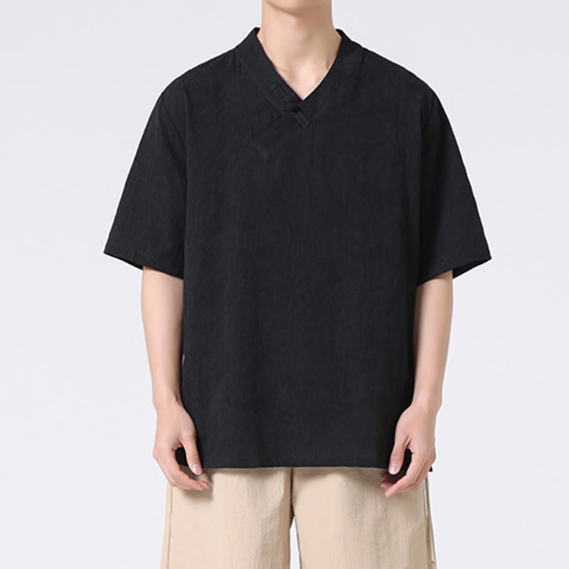 Camisa de lino y algodón de media manga para hombre, con cuello alto y botones de rana, estilo étnico desgastado con Buddha Stones , ropa de Tai Chi
