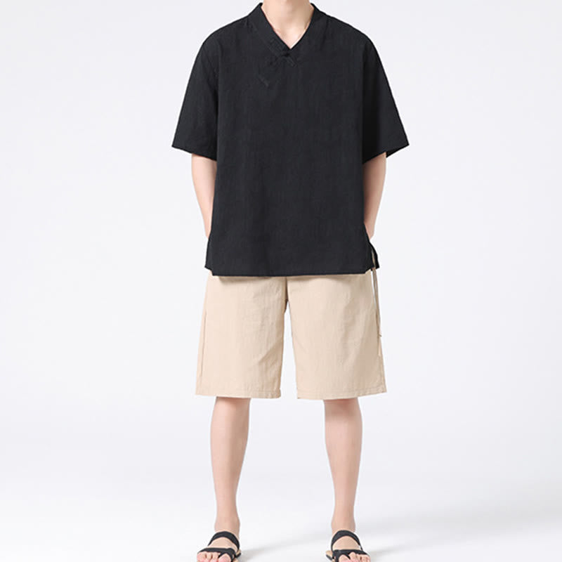 Camisa de lino y algodón de media manga para hombre, con cuello alto y botones de rana, estilo étnico desgastado con Buddha Stones , ropa de Tai Chi