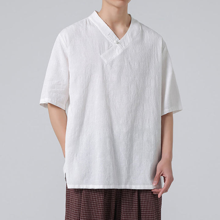 Camisa de lino y algodón de media manga para hombre, con cuello alto y botones de rana, estilo étnico desgastado con Buddha Stones , ropa de Tai Chi