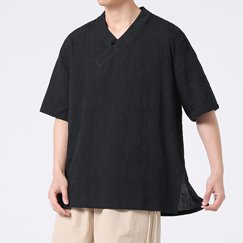 Camisa de lino y algodón de media manga para hombre, con cuello alto y botones de rana, estilo étnico desgastado con Buddha Stones , ropa de Tai Chi