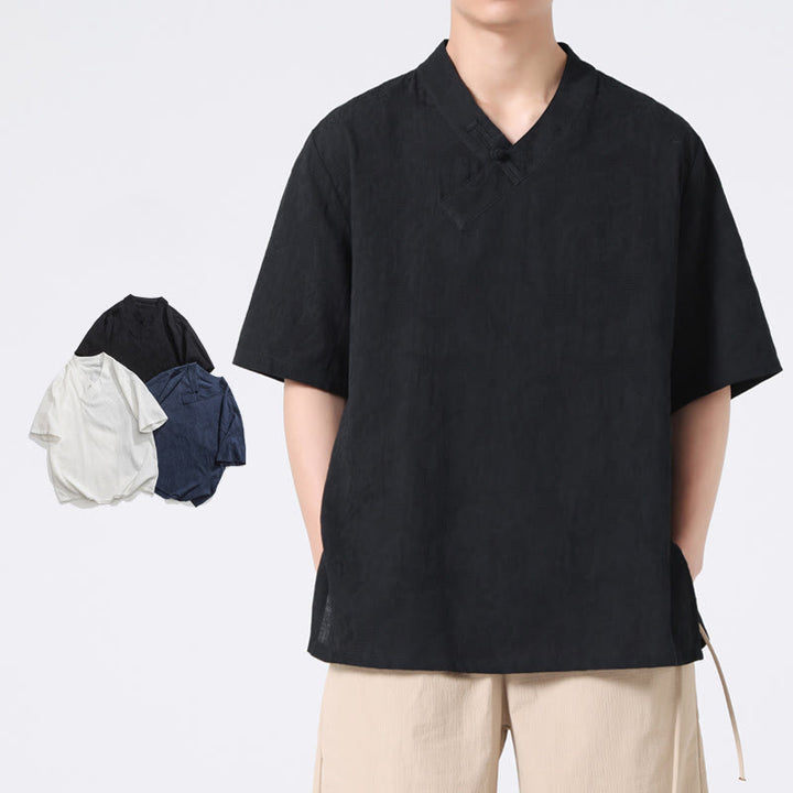 Camisa de lino y algodón de media manga para hombre, con cuello alto y botones de rana, estilo étnico desgastado con Buddha Stones , ropa de Tai Chi