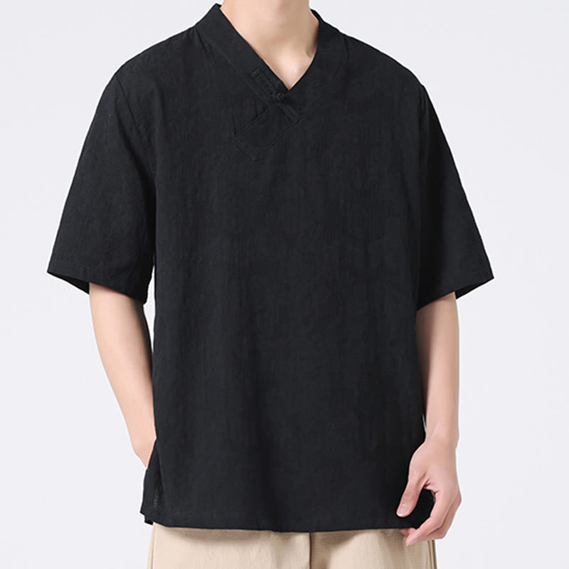Camisa de lino y algodón de media manga para hombre, con cuello alto y botones de rana, estilo étnico desgastado con Buddha Stones , ropa de Tai Chi