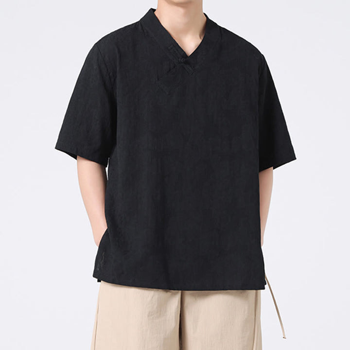 Camisa de lino y algodón de media manga para hombre, con cuello alto y botones de rana, estilo étnico desgastado con Buddha Stones , ropa de Tai Chi