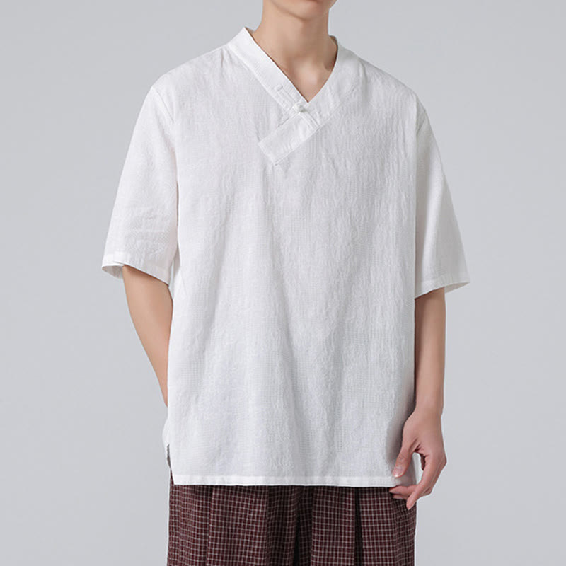 Camisa de lino y algodón de media manga para hombre, con cuello alto y botones de rana, estilo étnico desgastado con Buddha Stones , ropa de Tai Chi - image 29