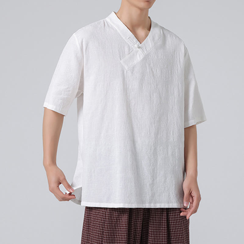 Camisa de lino y algodón de media manga para hombre, con cuello alto y botones de rana, estilo étnico desgastado con Buddha Stones , ropa de Tai Chi