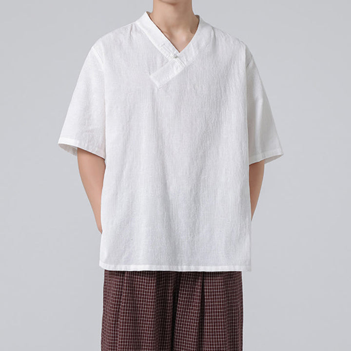 Camisa de lino y algodón de media manga para hombre, con cuello alto y botones de rana, estilo étnico desgastado con Buddha Stones , ropa de Tai Chi
