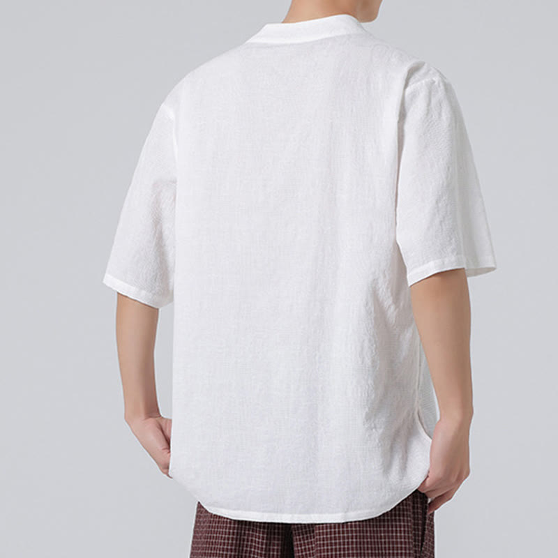 Camisa de lino y algodón de media manga para hombre, con cuello alto y botones de rana, estilo étnico desgastado con Buddha Stones , ropa de Tai Chi