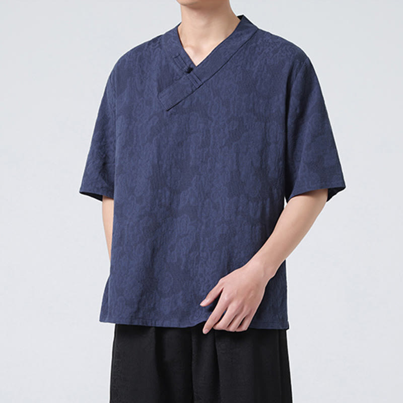 Camisa de lino y algodón de media manga para hombre, con cuello alto y botones de rana, estilo étnico desgastado con Buddha Stones , ropa de Tai Chi