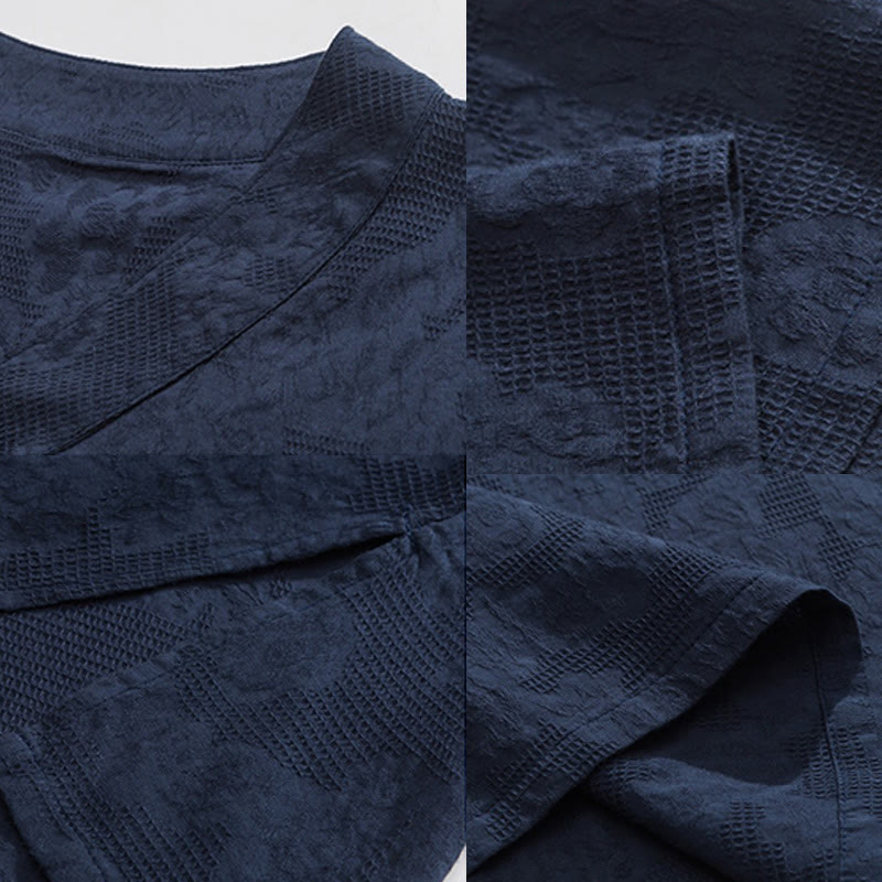 Camisa de lino y algodón de media manga para hombre, con cuello alto y botones de rana, estilo étnico desgastado con Buddha Stones , ropa de Tai Chi