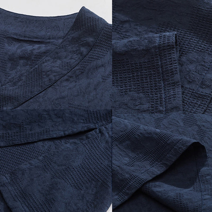 Camisa de lino y algodón de media manga para hombre, con cuello alto y botones de rana, estilo étnico desgastado con Buddha Stones , ropa de Tai Chi