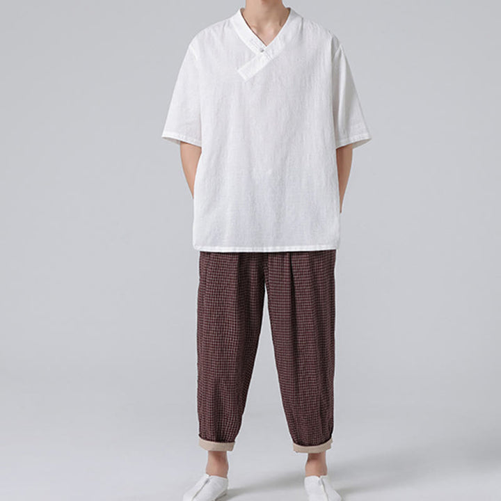 Camisa de lino y algodón de media manga para hombre, con cuello alto y botones de rana, estilo étnico desgastado con Buddha Stones , ropa de Tai Chi