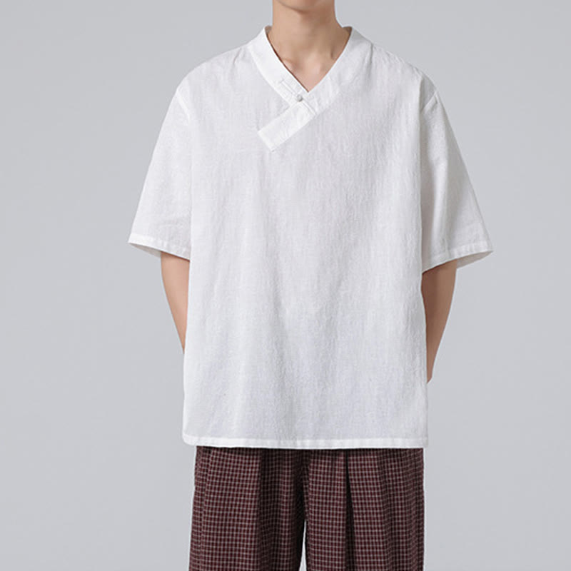 Camisa de lino y algodón de media manga para hombre, con cuello alto y botones de rana, estilo étnico desgastado con Buddha Stones , ropa de Tai Chi