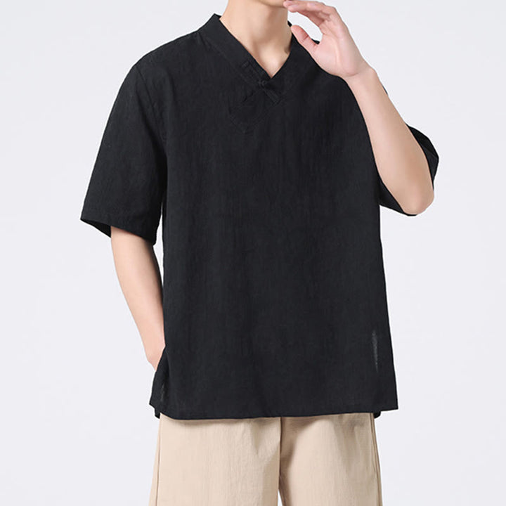 Camisa de lino y algodón de media manga para hombre, con cuello alto y botones de rana, estilo étnico desgastado con Buddha Stones , ropa de Tai Chi