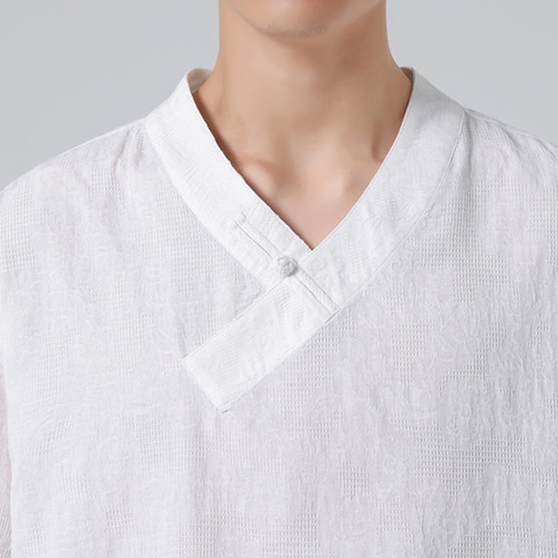 Camisa de lino y algodón de media manga para hombre, con cuello alto y botones de rana, estilo étnico desgastado con Buddha Stones , ropa de Tai Chi