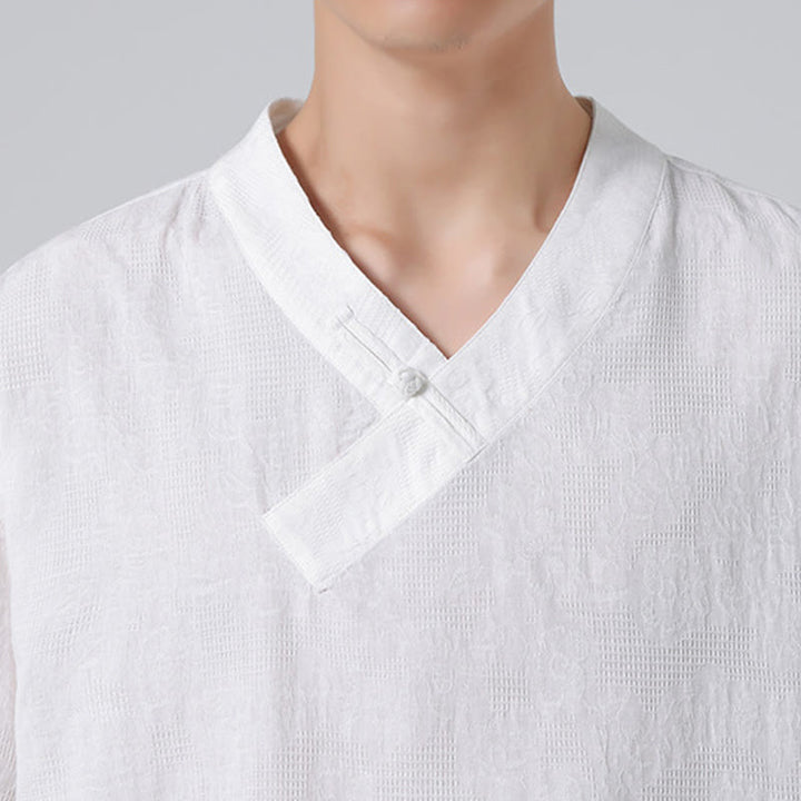 Camisa de lino y algodón de media manga para hombre, con cuello alto y botones de rana, estilo étnico desgastado con Buddha Stones , ropa de Tai Chi
