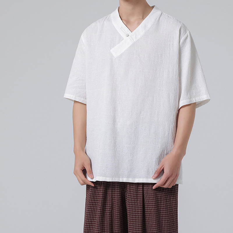 Camisa de lino y algodón de media manga para hombre, con cuello alto y botones de rana, estilo étnico desgastado con Buddha Stones , ropa de Tai Chi