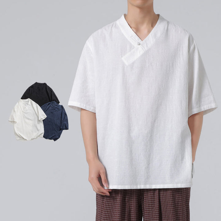 Camisa de lino y algodón de media manga para hombre, con cuello alto y botones de rana, estilo étnico desgastado con Buddha Stones , ropa de Tai Chi