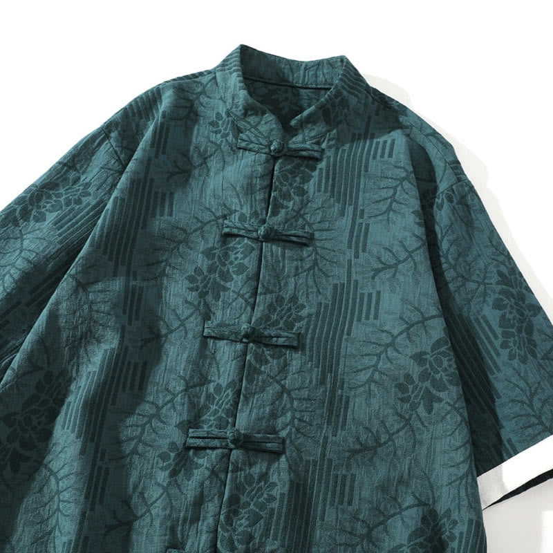 Camisa cárdigan informal de algodón de media manga con cuello alto y estampado floral de jacquard de Buddha Stones para hombre, con botones de rana y color contrastante. - image 1