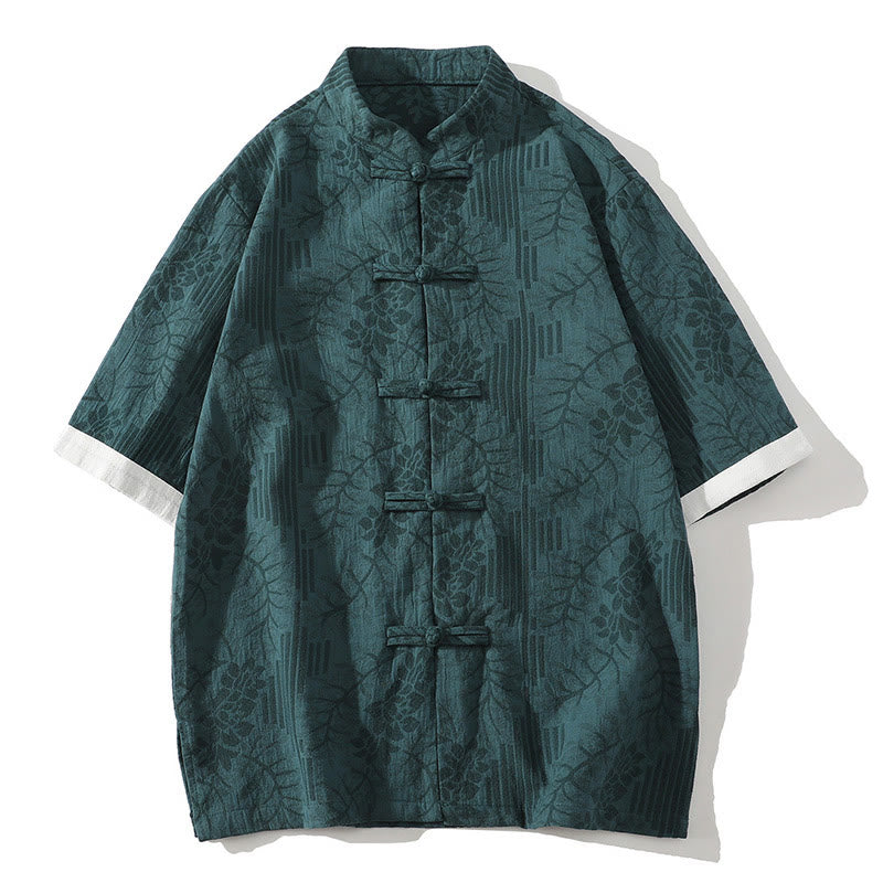 Camisa de algodón de manga corta con cuello alto y color contrastante, estilo casual de verano, con estampado floral jacquard y diseño de Buddha Stones. - Verde azulado - US/UK/AU46, EU56 (5XL) - image 0