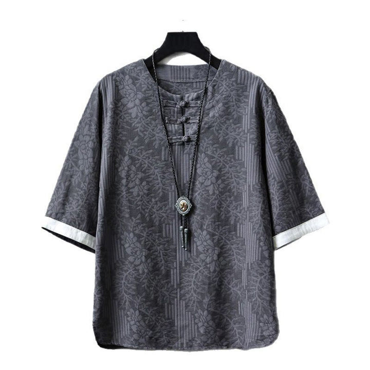 Camisa de algodón de manga corta y cuello redondo para hombre, estilo retro, informal, con diseño de rana china y botones de jacquard, con Buddha Stones