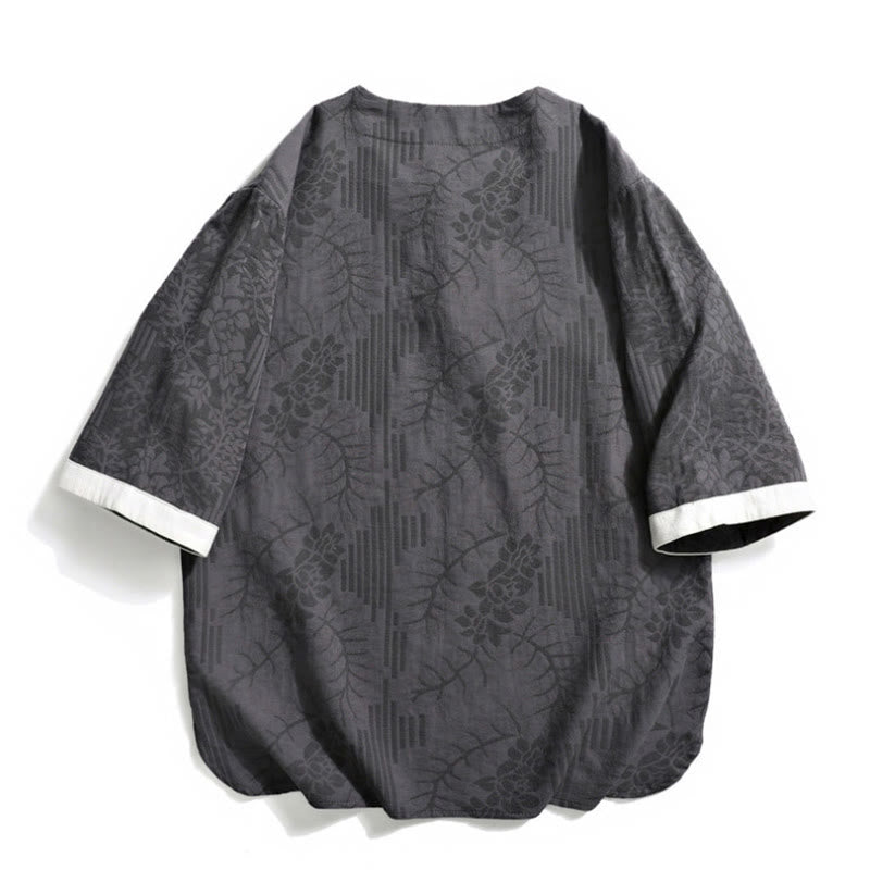 Camisa de algodón de manga corta y cuello redondo para hombre, estilo retro, informal, con diseño de rana china y botones de jacquard, con Buddha Stones