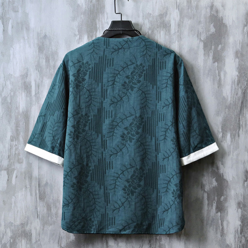 Camisa de algodón de manga corta y cuello redondo para hombre, estilo retro, informal, con diseño de rana china y botones de jacquard, con Buddha Stones
