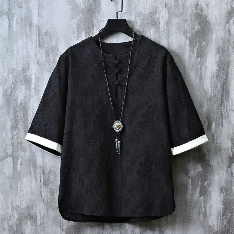 Camisa de algodón de manga corta y cuello redondo para hombre, estilo retro, informal, con diseño de rana china y botones de jacquard, con Buddha Stones