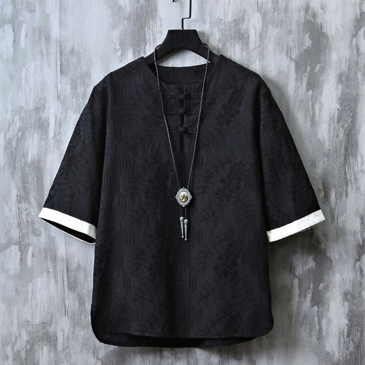 Camisa de algodón de manga corta y cuello redondo para hombre, estilo retro, informal, con diseño de rana china y botones de jacquard, con Buddha Stones