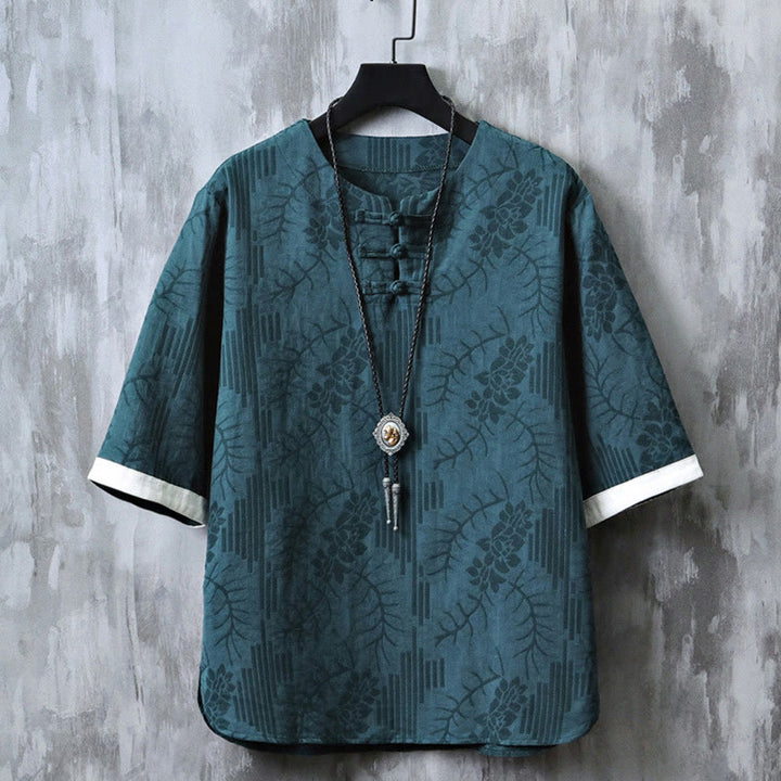 Camisa de algodón de manga corta y cuello redondo para hombre, estilo retro, informal, con diseño de rana china y botones de jacquard, con Buddha Stones
