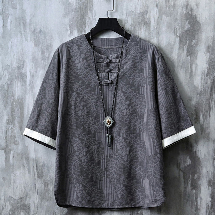 Camisa de algodón de manga corta y cuello redondo para hombre, estilo retro, informal, con diseño de rana china y botones de jacquard, con Buddha Stones