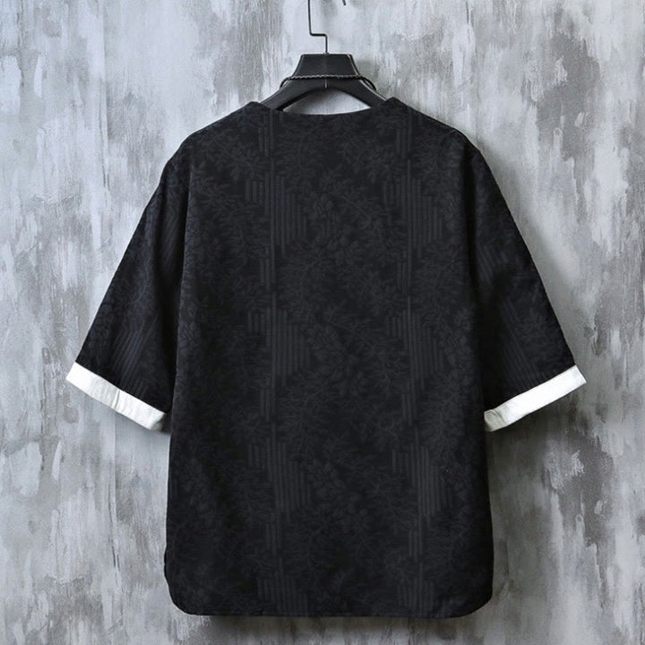 Camisa de algodón de manga corta y cuello redondo para hombre, estilo retro, informal, con diseño de rana china y botones de jacquard, con Buddha Stones