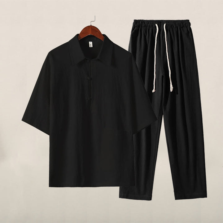Conjunto casual de 2 piezas Buddha Stones, camisa de color liso con medio botón y pantalón con cordón ajustable, ropa de meditación de algodón para hombre con bolsillos. - Top negro y pantalones negros - US/UK/AU46, EU56 (5XL) - image 12