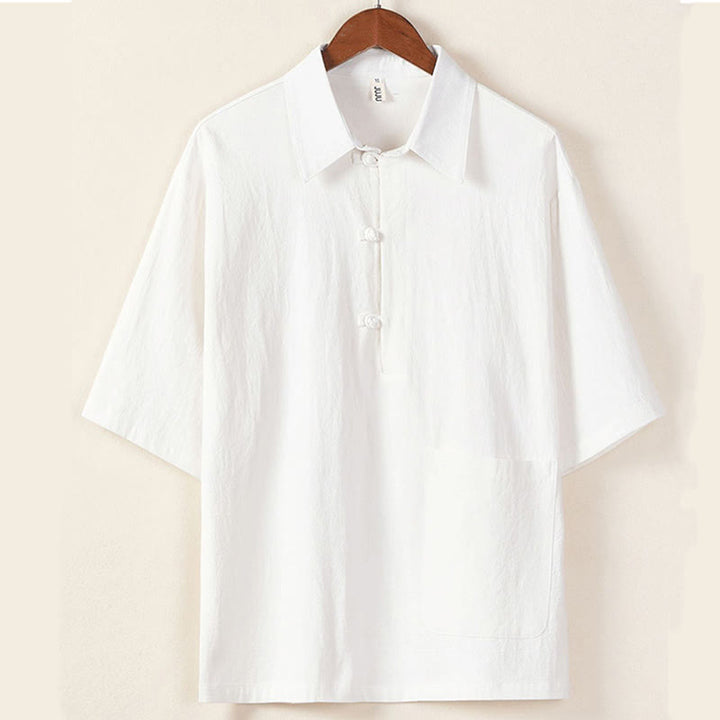 Conjunto casual de 2 piezas Buddha Stones, camisa de color liso con medio botón y pantalón con cordón ajustable, ropa de meditación de algodón para hombre con bolsillos. - image 1