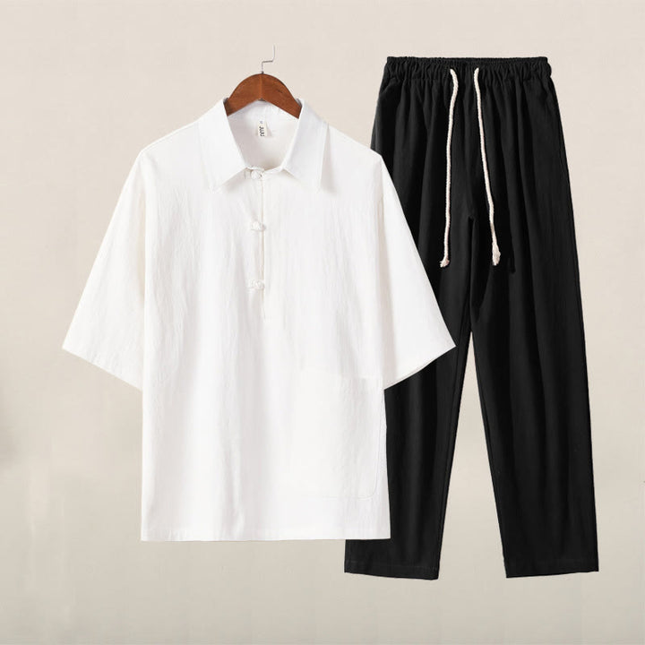 Conjunto casual de 2 piezas Buddha Stones, camisa de color liso con medio botón y pantalón con cordón ajustable, ropa de meditación de algodón para hombre con bolsillos. - Top blanco y pantalones negros - US/UK/AU46, EU56 (5XL) - image 0