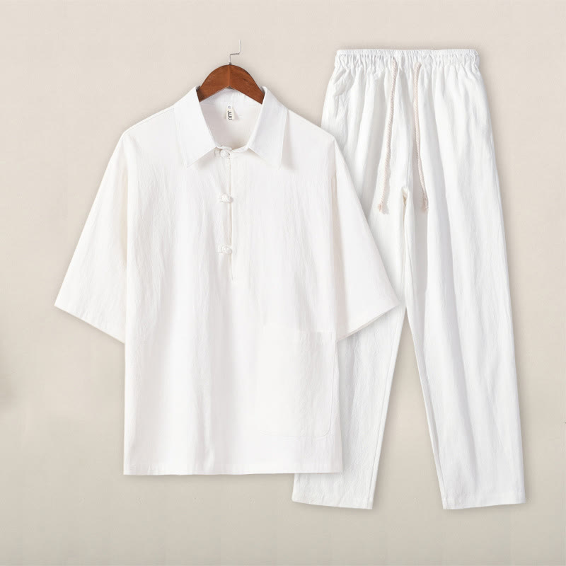 Conjunto casual de 2 piezas Buddha Stones, camisa de color liso con medio botón y pantalón con cordón ajustable, ropa de meditación de algodón para hombre con bolsillos. - Top blanco y pantalón blanco - US/UK/AU46, EU56 (5XL) - image 11