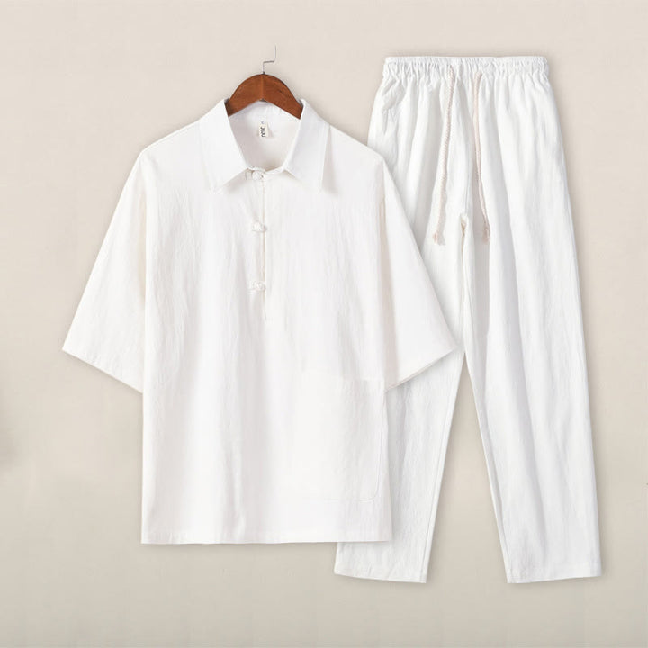 Conjunto casual de 2 piezas Buddha Stones, camisa de color liso con medio botón y pantalón con cordón ajustable, ropa de meditación de algodón para hombre con bolsillos. - Top blanco y pantalón blanco - US/UK/AU46, EU56 (5XL) - image 11