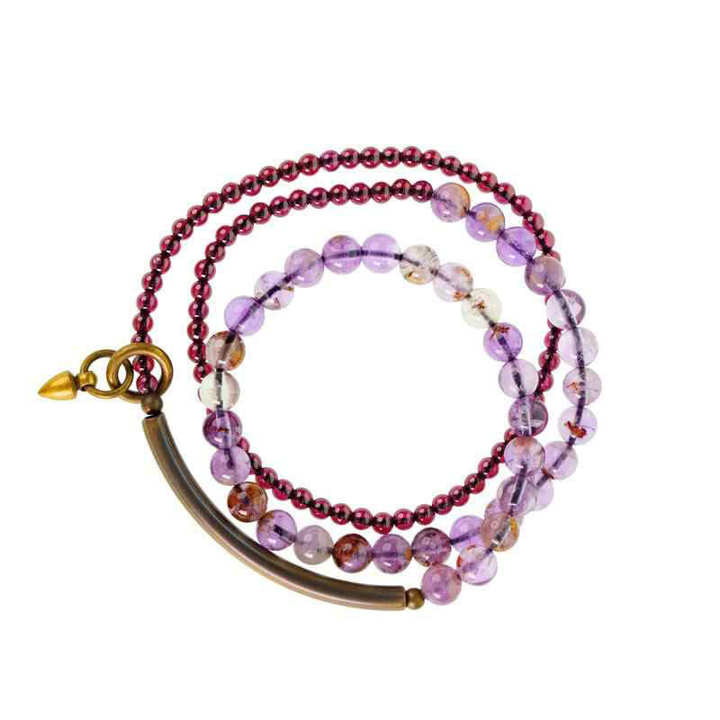 Pulsera multicapa con Buddha Stones retro de 6 mm de amatista y 4 mm de granate