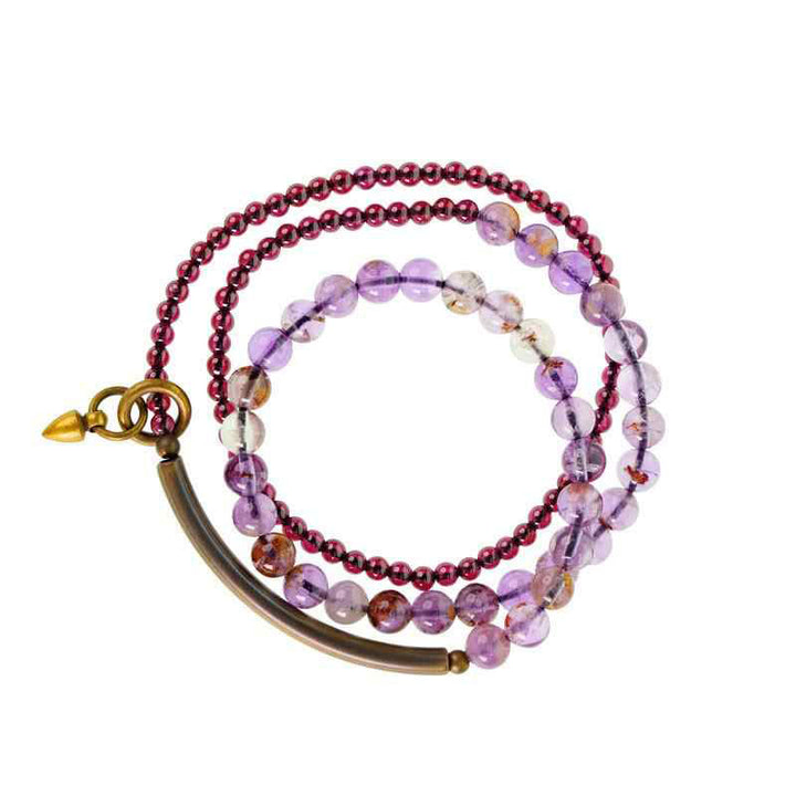 Pulsera multicapa con Buddha Stones retro de 6 mm de amatista y 4 mm de granate