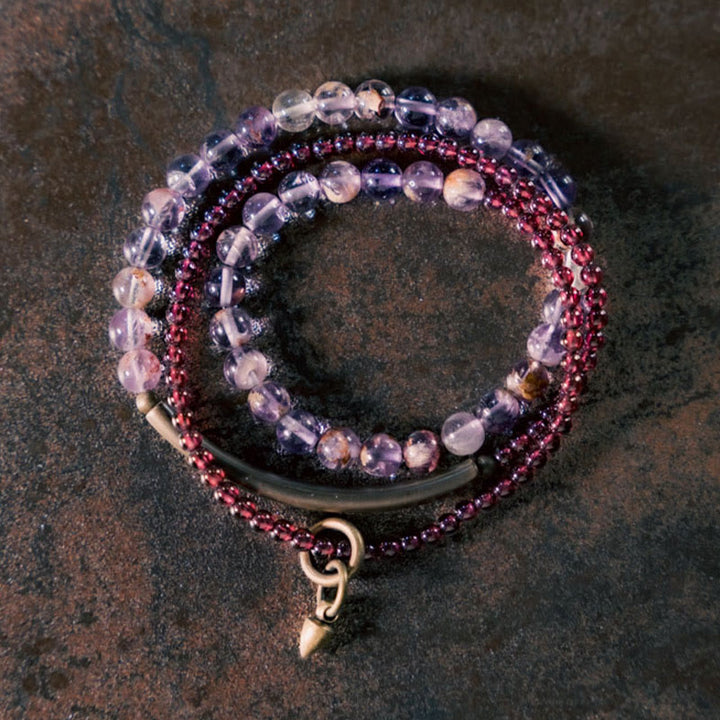 Pulsera multicapa con Buddha Stones retro de 6 mm de amatista y 4 mm de granate