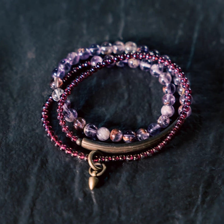 Pulsera multicapa con Buddha Stones retro de 6 mm de amatista y 4 mm de granate