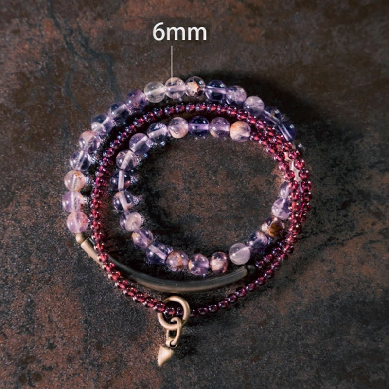 Pulsera multicapa con Buddha Stones retro de 6 mm de amatista y 4 mm de granate